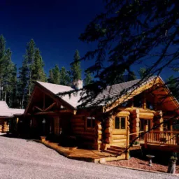 Gotowy dom z bali w Dobrzyniu nad Wisłą, z tarasem i przyległym garażem, otoczony drzewami iglastymi, widok z poziomu gruntu.